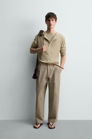 COTTON - LINEN HENLEY NECK T-SHIRT LIMITED EDITION - Dark beige by Zara - Image 0