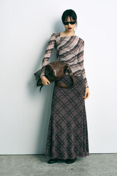 CHECKED TULLE DRAPED T-SHIRT - Khaki by Zara - Image 0