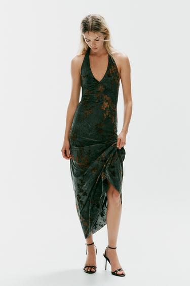 FLOCKED HALTER NECK LONG DRESS - Petrol blue by Zara