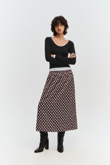 ZW COLLECTION POLKA DOT MIDI SKIRT - Burgundy by Zara