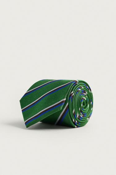 100% SILK STRIPED TIE - Green by Zara