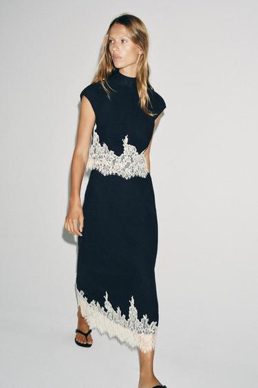 LACE TRIM MIDI SKIRT - Navy / White by Zara
