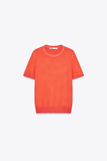 SHORT SLEEVE KNIT TOP WITH PIPING - Orange by Zara