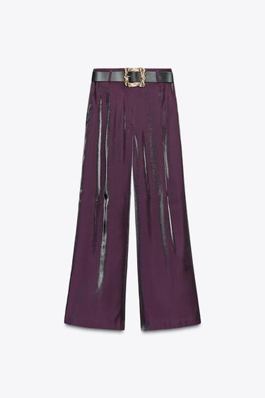 SATIN WIDE-LEG TROUSERS WITH BELT - Aubergine by Zara