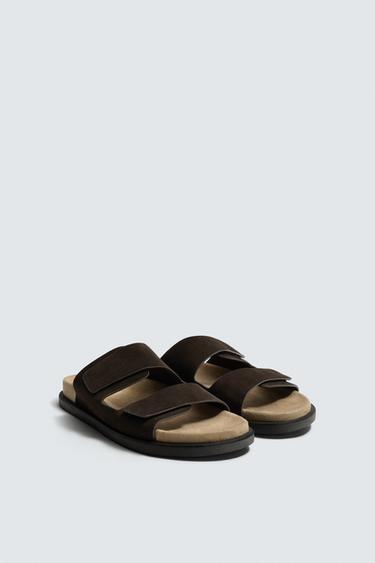 DOUBLE STRAP LEATHER SANDALS - Chocolate by Zara