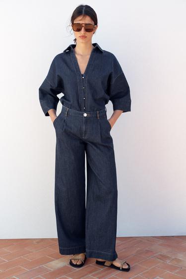 HIGH-WAIST WIDE-LEG TROUSERS WITH DARTS - Dark indigo by Zara - Image 0