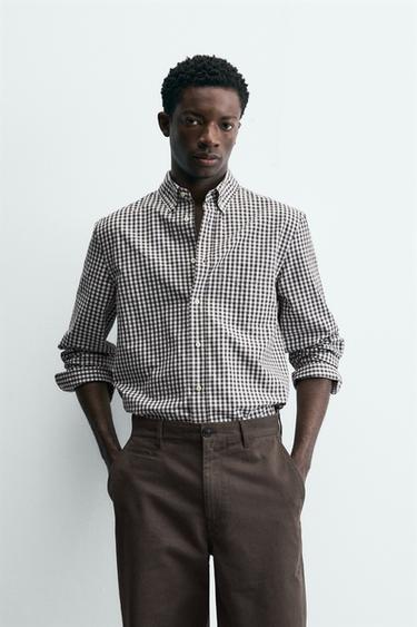 REGULAR FIT COTTON SHIRT - Brown / Ecru by Zara
