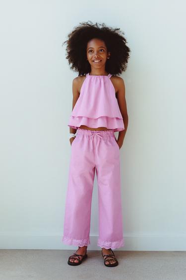 POPLIN TOP WITH DOUBLE RUFFLE AND LACE - Pink by Zara