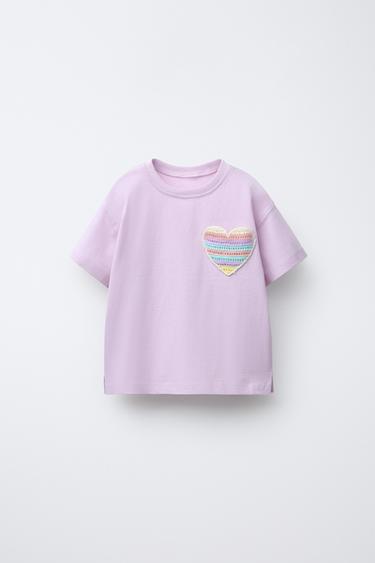 CROCHET HEART POCKET T-SHIRT - Mauve by Zara - Image 0