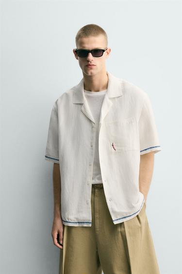 CONTRAST EMBROIDERED VISCOSE/LINEN SHIRT - White by Zara