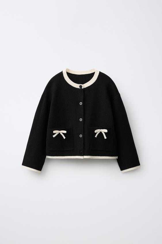 KNIT CARDIGAN WITH BOWS - Black by Zara - Image 0