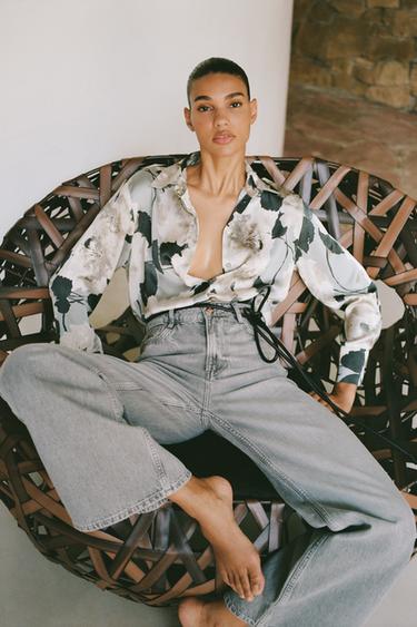 PRINTED SATIN SHIRT - Grey / Tan by Zara - Image 0