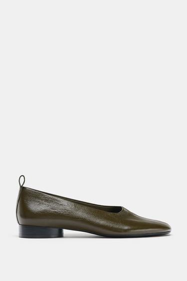 LOW-HEEL LEATHER BALLERINAS - Khaki Green by Zara