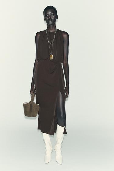 GATHERED WAIST MIDI DRESS - Brown by Zara
