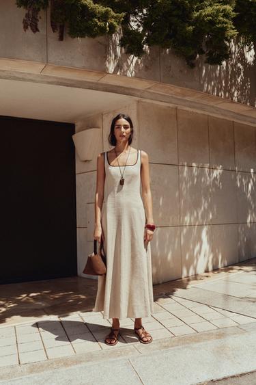 MIDI DRESS WITH CONTRAST PIPING - Light beige by Zara