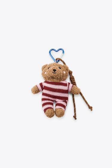 STRIPED TEDDY BEAR CHARM KEY RING - camel by Zara