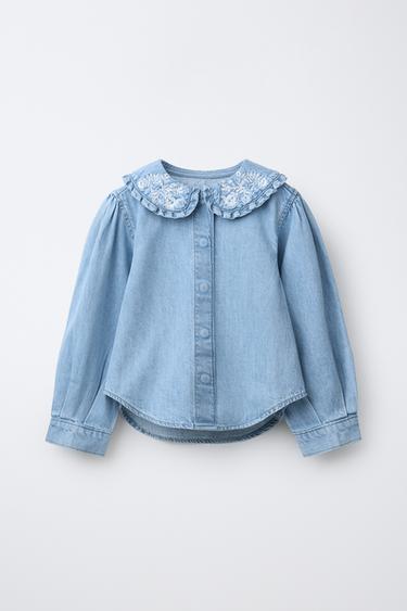 DENIM SHIRT WITH EMBROIDERED FLOWERS ON THE COLLAR - Blue by Zara
