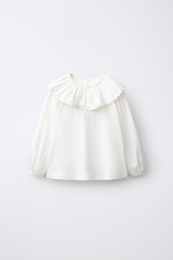 EMBROIDERED PETER PAN COLLAR T-SHIRT - Oyster-white by Zara - Image 0