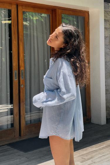 OVERSIZE GAUZE SHIRT WITH POCKET - Ecru / Blue by Zara