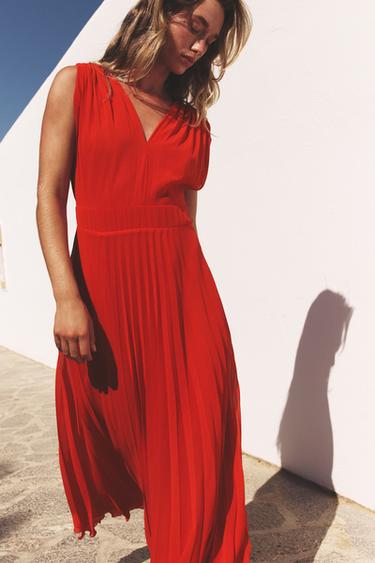 PLEATED MIDI DRESS - Red by Zara - Image 0