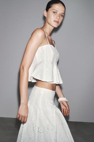 ZW COLLECTION EMBROIDERED GODET TOP - White by Zara