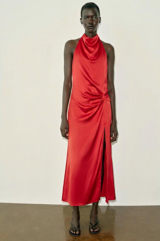 SATIN HALTER MIDI DRESS - Red by Zara - Image 0