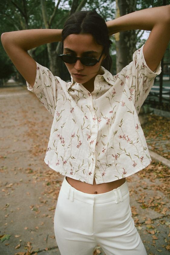 BEADED EMBROIDERED SHIRT - Ecru / Green by Zara - Image 0