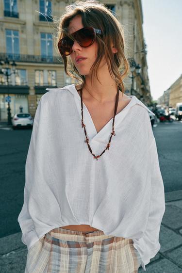 LINEN BLEND SHIRT WITH PUFF HEM - White by Zara