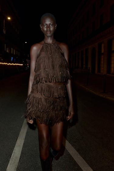 SPARKLY FAUX SUEDE EFFECT FRINGED TOP - Brown by Zara