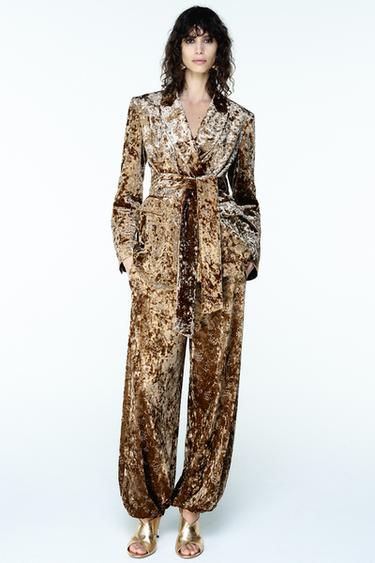 VELVET BLAZER WITH METALLIC THREAD BELT - Golden by Zara