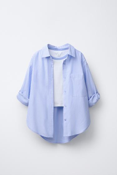 STRIPED SHIRT WITH CONTRAST RIB NECK T-SHIRT PACK - Blue by Zara