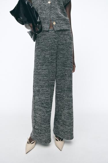 WIDE LEG TROUSERS WITH A TEXTURED WEAVE - Black / Ecru by Zara
