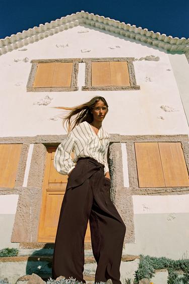 SEMI-SHEER BLOUSE WITH EMBROIDERED STRIPES - Ecru / Black by Zara - Image 0