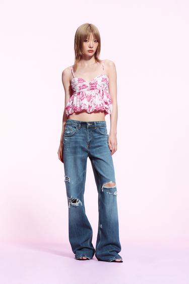 PRINTED TOP WITH CUTWORK EMBROIDERY - Pink / White by Zara
