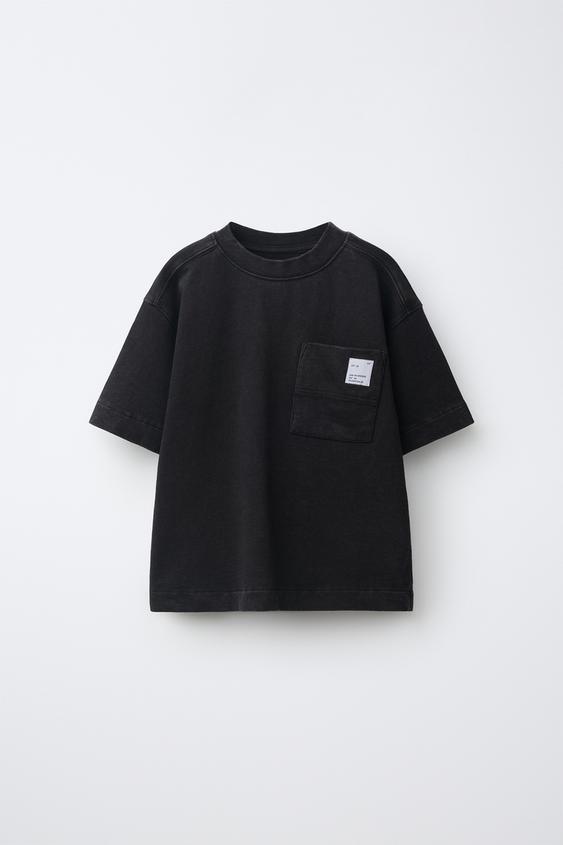 WASHED EFFECT T-SHIRT WITH LABEL POCKET - Black by Zara - Image 0