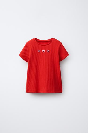 RIBBED CUT-OUT HEART T-SHIRT - Red by Zara