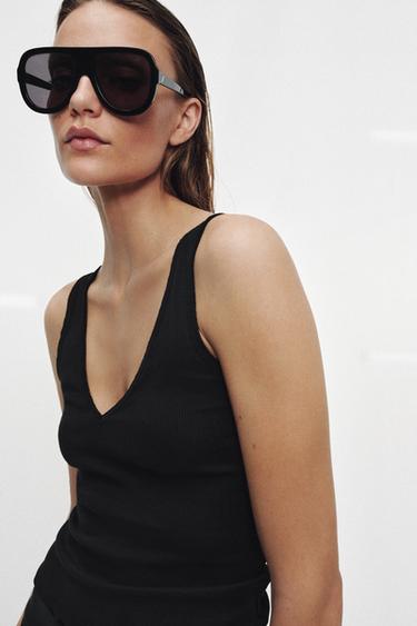 RIB V-NECK TOP - Black by Zara