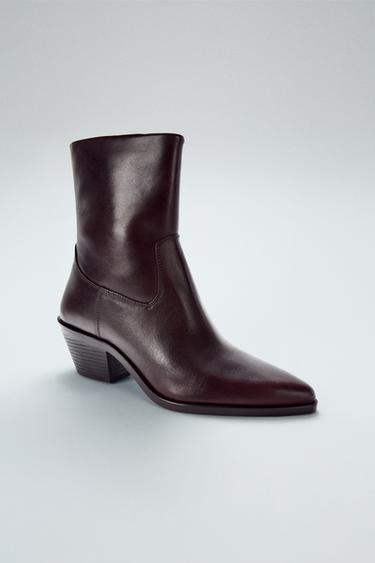 LEATHER COWBOY ANKLE BOOTS - Burgundy Red by Zara