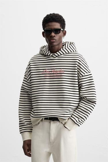 STRIPED SWEATSHIRT WITH SLOGAN - White / Navy by Zara