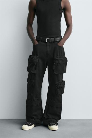 DENIM CARGO TROUSERS WITH POCKETS - Black by Zara