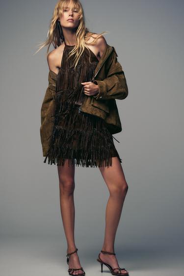 SPARKLY FAUX SUEDE EFFECT FRINGED TOP - Brown by Zara - Image 0
