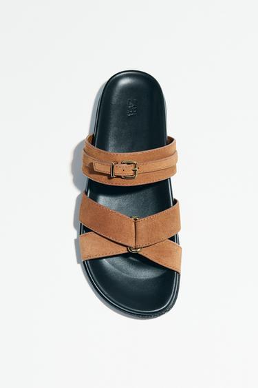 SPLIT SUEDE CROSS STRAP SANDALS - Dark tan by Zara