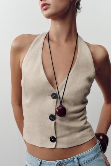 LINEN BLEND HALTER TOP - Sand by Zara