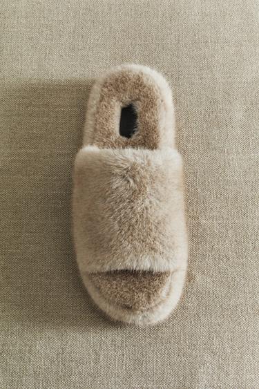 FAUX FUR FLATFORM SLIPPERS - Sand Brown by Zara