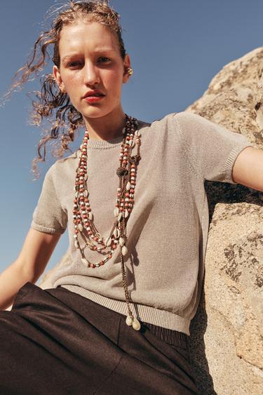 SHORT SLEEVE KNIT TOP - Sand by Zara