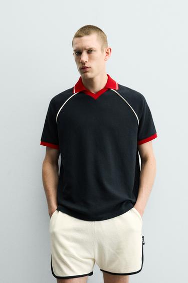 CONTRAST TRIM TEXTURED POLO SHIRT - Navy blue by Zara