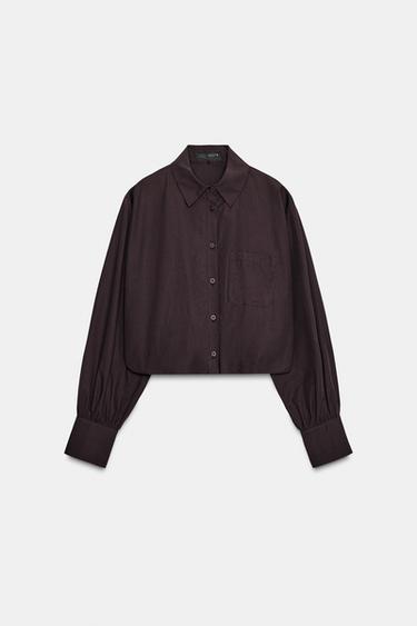 CROPPED POPLIN BALLOON SHIRT - Brown by Zara