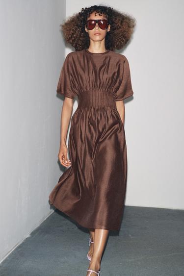 PLEATED WAIST KNIT DRESS WITH MATCHING DETAIL - Brown by Zara