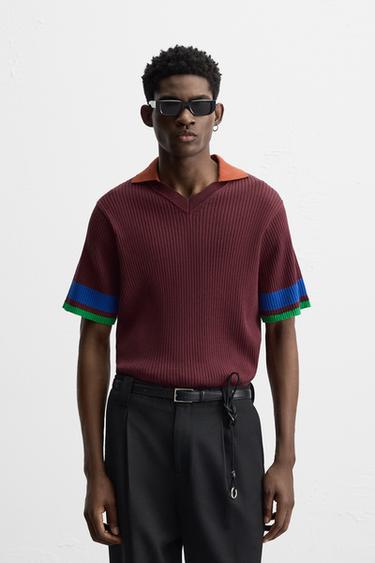COLOUR BLOCK RIBBED KNIT POLO SHIRT - Burgundy by Zara