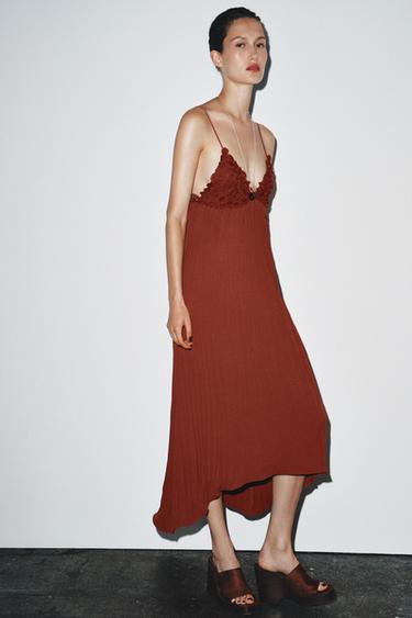 PLEATED LACE MIDI DRESS - Burnt orange by Zara - Image 0
